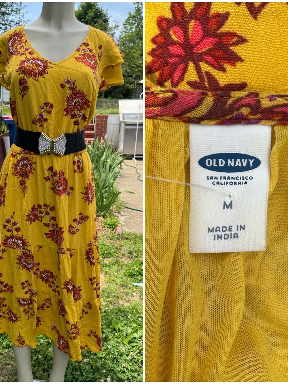 Old Navy Mustard Yellow Floral Midi Dress with Red Accents